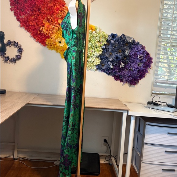 Zara Green and Purple Floral Print Satin Effect Dress with Cut Out Maxi Dress - Picture 11 of 15